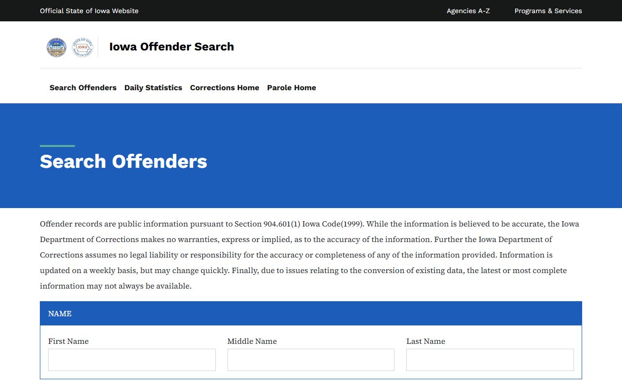 Jasper County inmate records Iowa DOC offender search fields