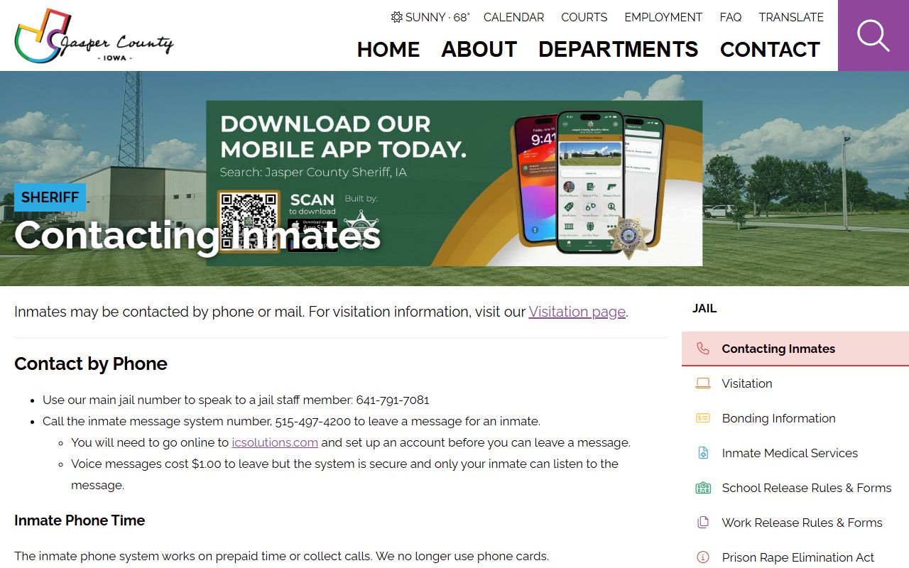Jasper County Jail inmate phone message and Access Corrections deposit information