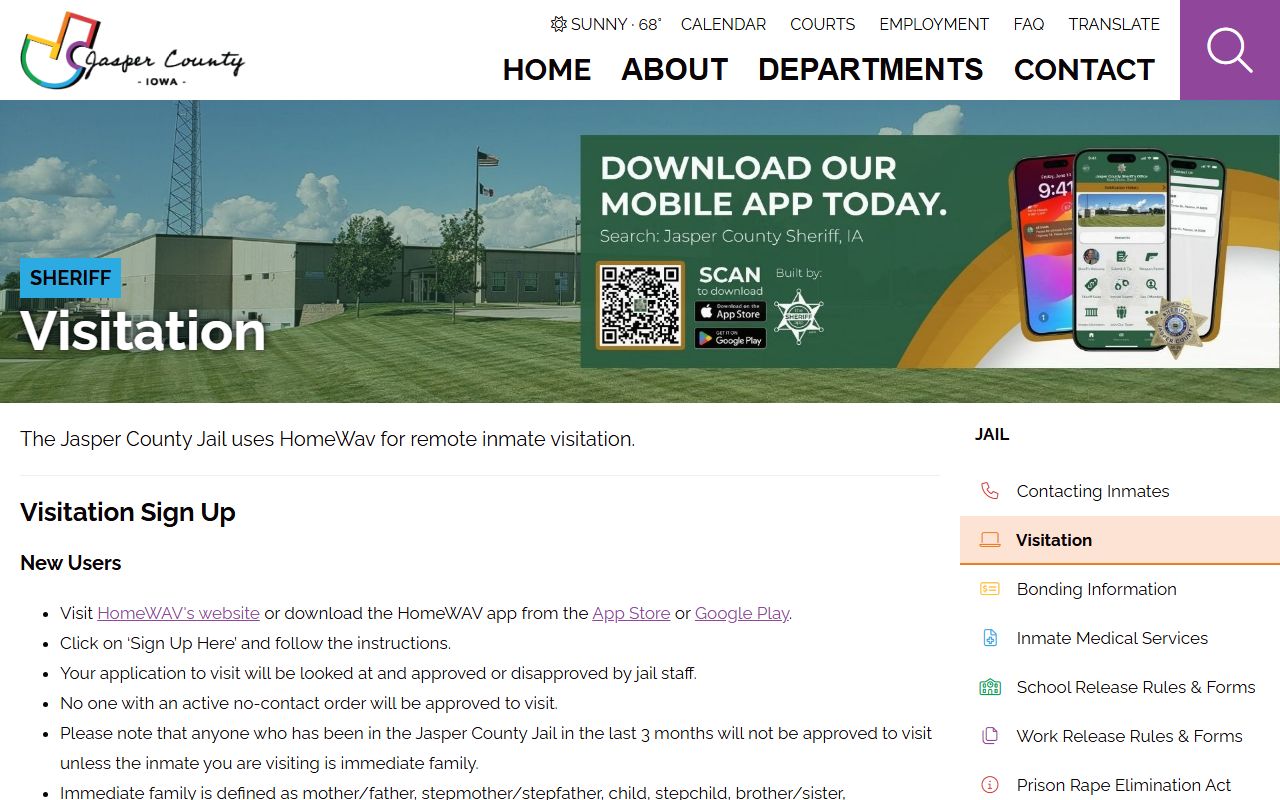 Jasper County Jail inmate visitation and HomeWAV record access page