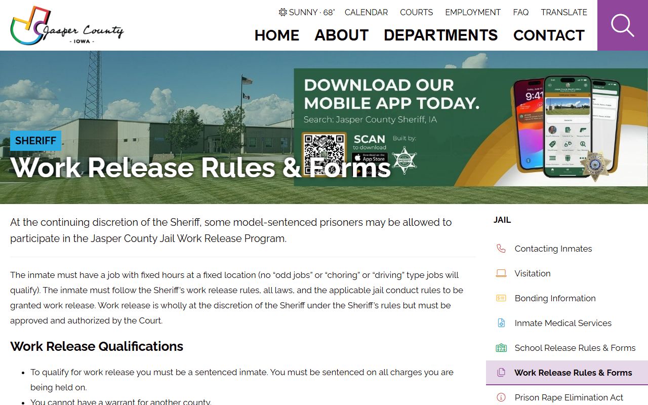 Jasper County Jail work release rules and inmate fee information